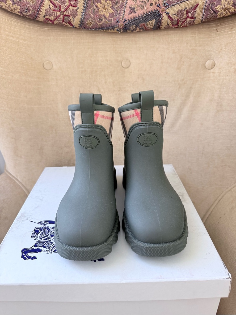 Burberry Olive Green Short Rain Boots with Signature Check Trim